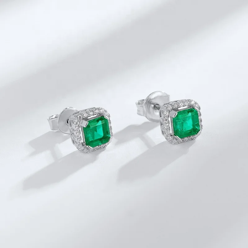Luxury Jewelry Sterling Silver Square-cut Emerald Earrings Stud Hypoallergenic Bling 3A Zircon and Lab Grown Emeralds Earring
