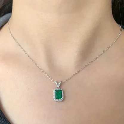 Classic Sterling Silver Rectangle Green Gemstone Pendant Cubic Zirconia Iced Out Square Lab Grown Emeralds Pendant Necklace