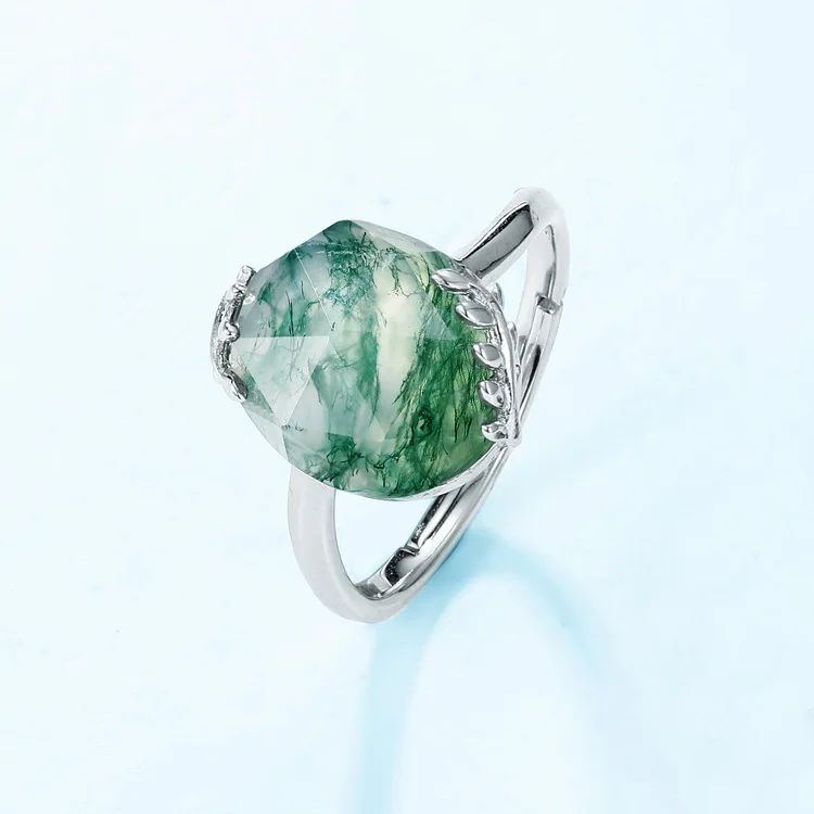 JewelyKing S925 Sterling Silver Cushion Cut Green Moss Agate Open Leaf Branch Adjustable Boho Minimalist Ring JKRS0211