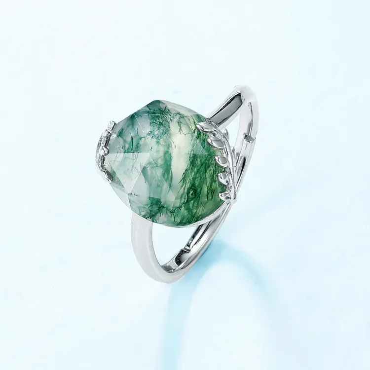 JewelyKing S925 Sterling Silver Cushion Cut Green Moss Agate Open Leaf Branch Adjustable Boho Minimalist Ring JKRS0211
