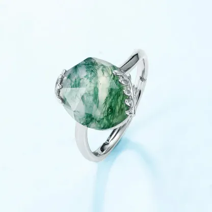 JewelyKing S925 Sterling Silver Cushion Cut Green Moss Agate Open Leaf Branch Adjustable Boho Minimalist Ring JKRS0211