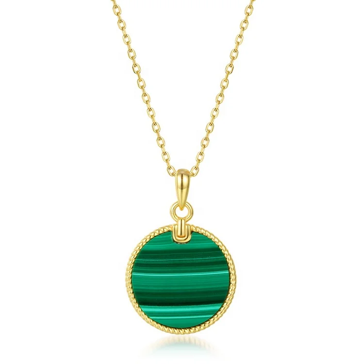 JewelyKing Natural Gem Stone Gold Plated Round Coin Simple Womens Green Malachite Pendant Necklace JKNS0171