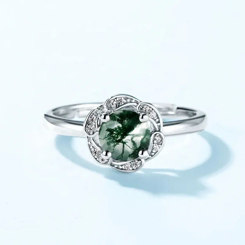 JewelyKing S925 Sterling Silver Natural Moss Agate Ring Cubic Zircon Engagement Ring JKRS0147