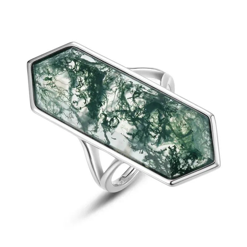 JewelyKing S925 Sterling Silver Elongated Hexagon Green Moss Agate Open Ring JKRS0017