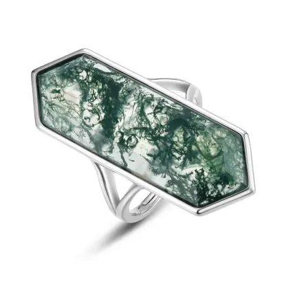 JewelyKing S925 Sterling Silver Elongated Hexagon Green Moss Agate Open Ring JKRS0017
