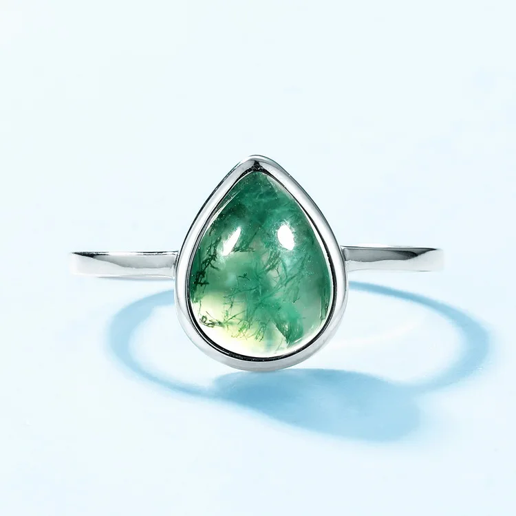 JewelyKing S925 Sterling Silver Natural Green Moss Agate Pear Wedding Ring JKRS0212