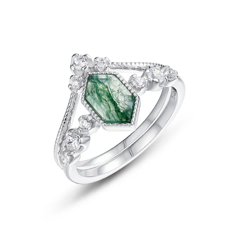 JewelyKing S925 Sterling Silver Hexagon Moss Agate Gemstone Wedding Rings JKRS0207