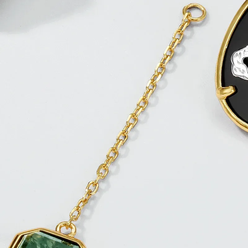 Jewelyking Oval Round Double Stone Natural Black Agate Green Moss Agate 18k Gold Plated Pendant Earrings JKES0088
