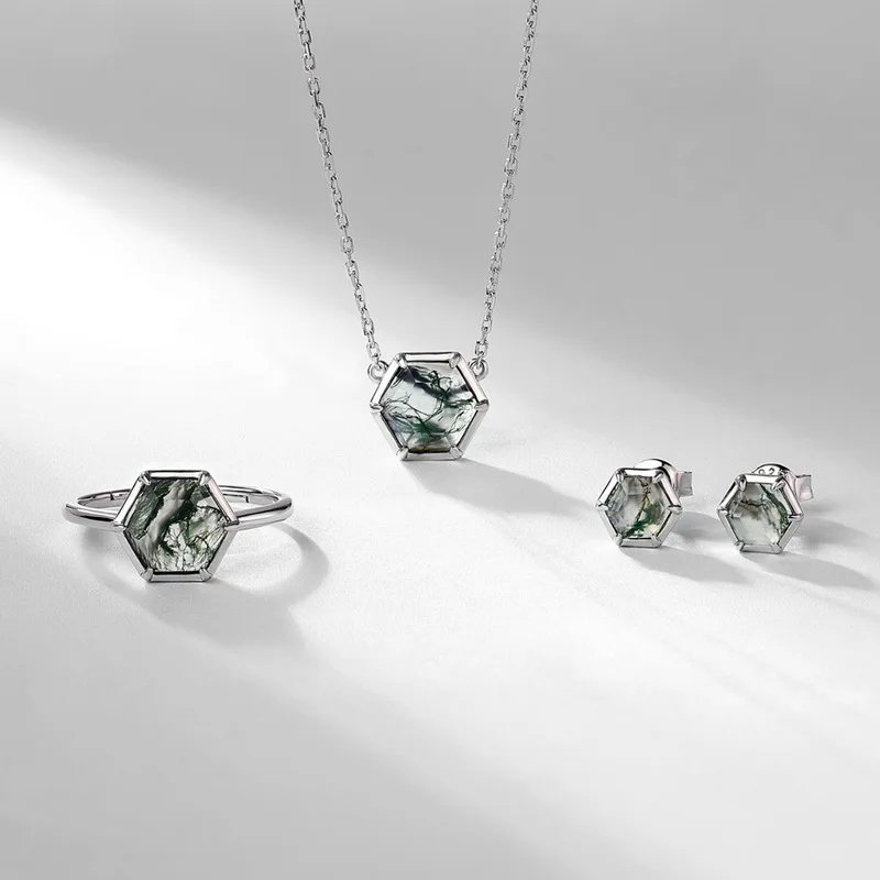 Jewelyking Natural Moss Agate Trendy Fashion Regular Hexagon Gemstone Pendant Necklace JKNS0117