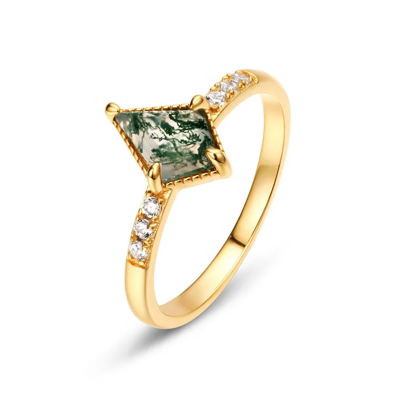 JewelyKing Kite Shape Moss Agate Sterling Silver Ring Simple Gemstone Opal Stackable Ring Green Moss Agate Vintage Ring JKRS0172