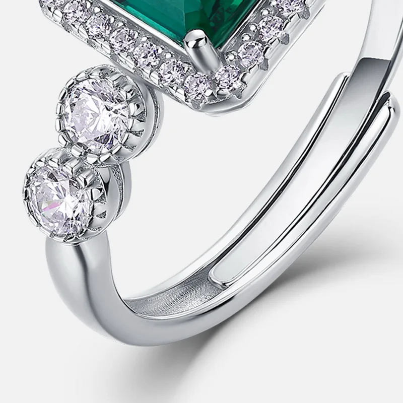 Square Lab Grown Emerald Ring 925 Sterling Silver with Diamonds Colored Gemstones Vintage Custom Jewelry