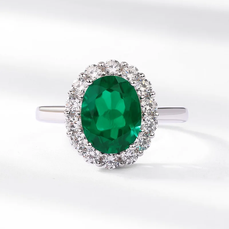 S925 Sterling Silver Oval Cut Lab Grown Emerald Halo Adjustable Ring for Women