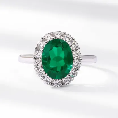 S925 Sterling Silver Oval Cut Lab Grown Emerald Halo Adjustable Ring for Women