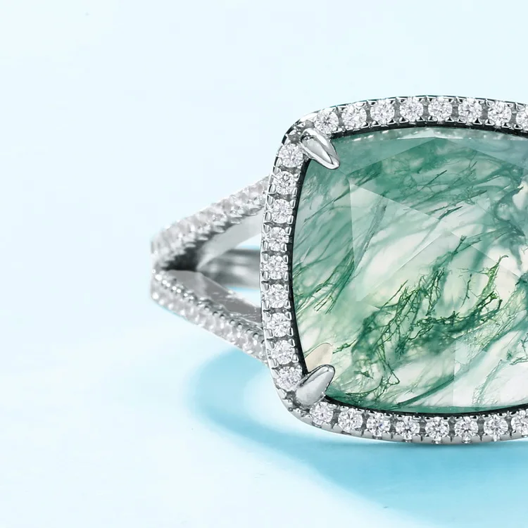 JewelyKing S925 Silver Cushion Rose Cut Green Moss Agate Dainty Gemstone Solitaire Wedding Ring JKRS0210