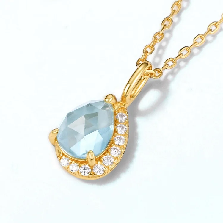 JewelyKing  S925 Silver Sky Blue Topaz Pendant Dainty Pear Shape Luxury Pendant Necklace JKNS0169