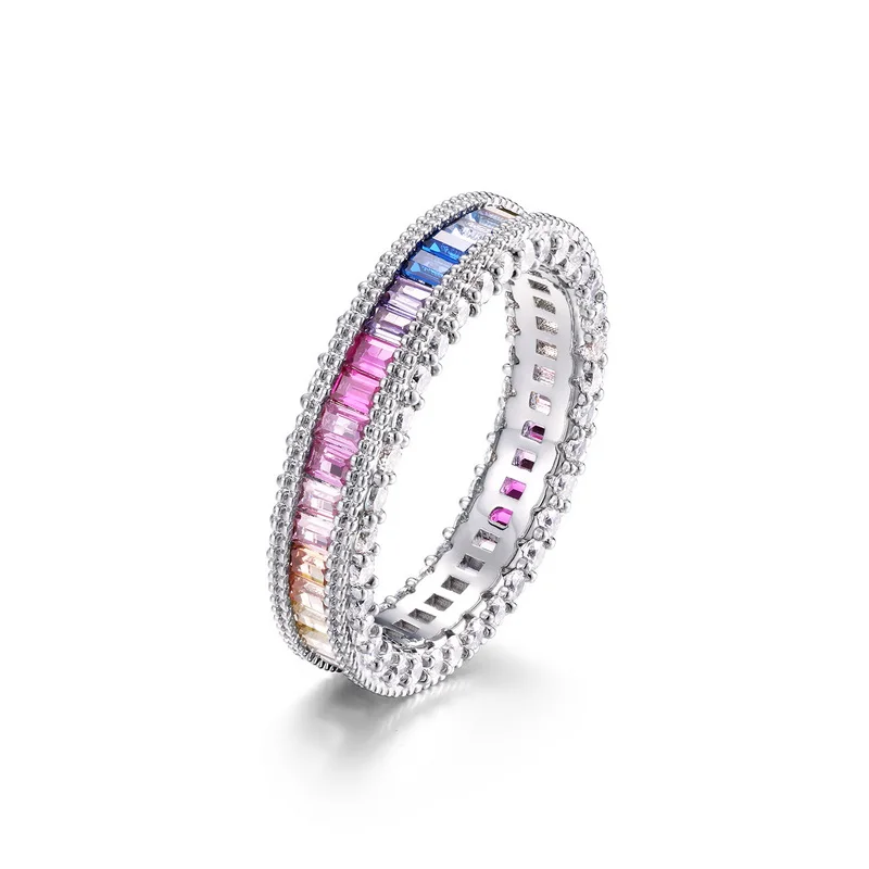 Fashion Jewelry Colorful CZ Rainbow Ring Cubic Zirconia Engagement Rainbow Eternity Ring 925 Silver Women Love Beauty Jewelry