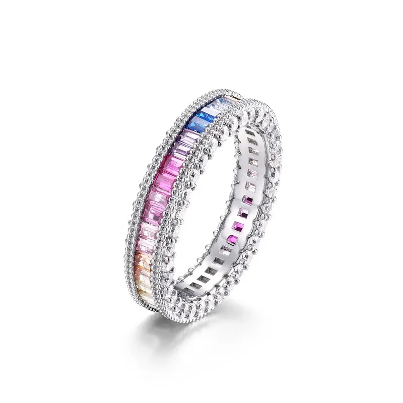 Fashion Jewelry Colorful CZ Rainbow Ring Cubic Zirconia Engagement Rainbow Eternity Ring 925 Silver Women Love Beauty Jewelry