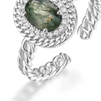 JewelyKing S925 Sterling Silver Natural Green Moss Agate Delicate Wedding Ring JKRS0196