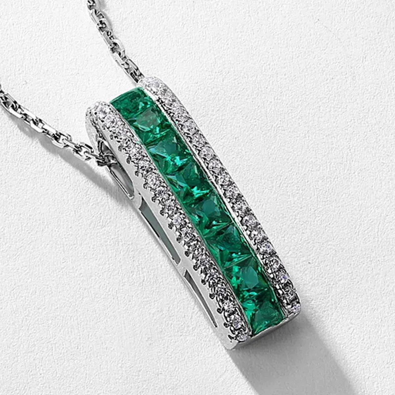 S925 Sterling Silver Princess Cut Lab Grown Emerald Vertical Bar Pendant Necklace