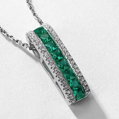 S925 Sterling Silver Princess Cut Lab Grown Emerald Vertical Bar Pendant Necklace