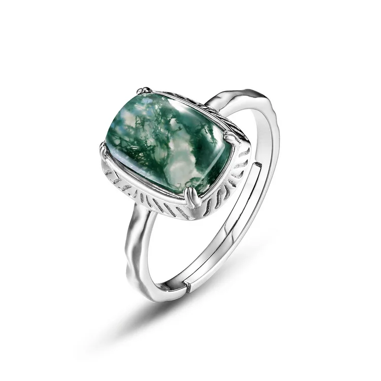 JewelyKing S925 Sterling Silver Green Gemstone Moss Natural Agate Stone Ring JKRS0217