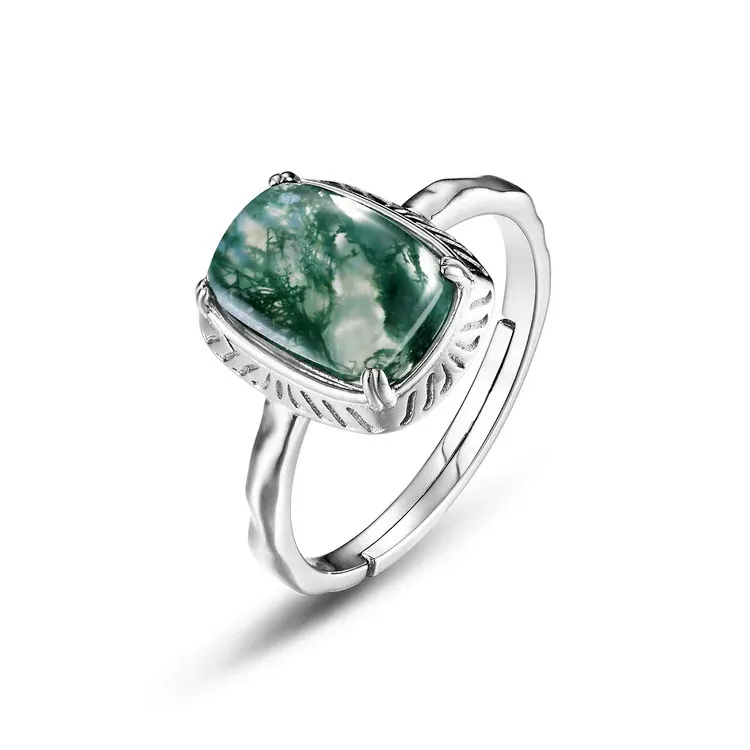 JewelyKing S925 Sterling Silver Green Gemstone Moss Natural Agate Stone Ring JKRS0217