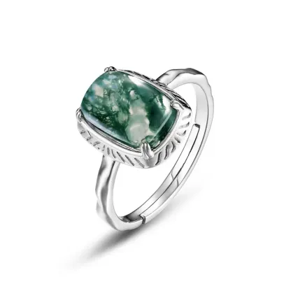 JewelyKing S925 Sterling Silver Green Gemstone Moss Natural Agate Stone Ring JKRS0217