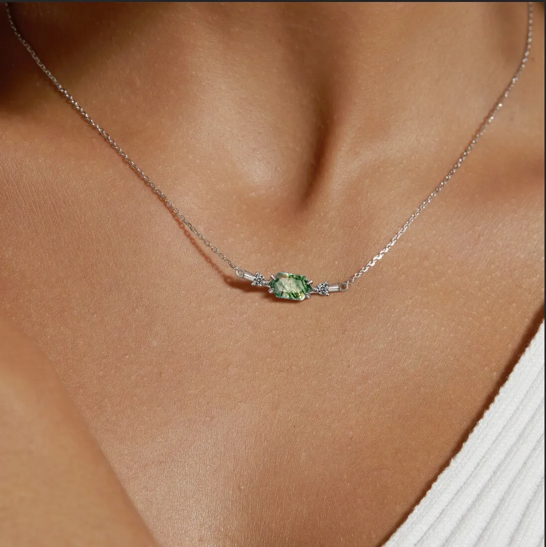 Jewelyking S925 Sterling Silver Cubic Zirconia Gemstone Jewelry Delicate Square Real Moss Agate Pendant Necklace JKNS0087