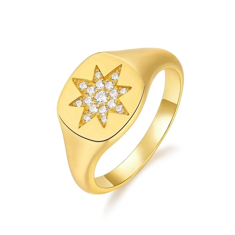 JewelyKing S925 Sterling Silver North Star Sun Fashion Gold Plated  Starburst Signet Ring JKRS0283