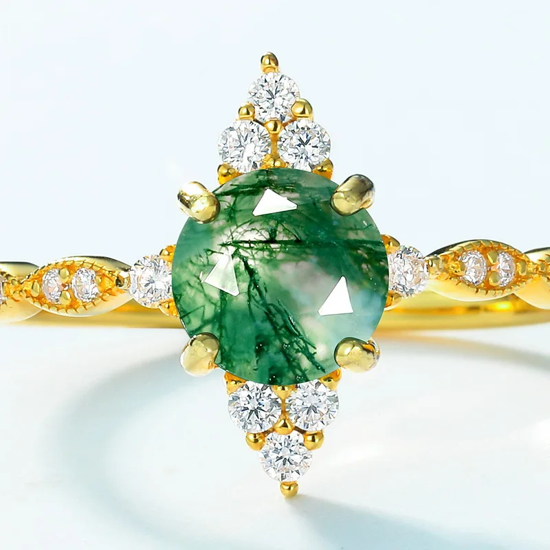 JewelyKing S925 Antique Round Gemstone Green Moss Agate CZ Engagement Ring JKRS0199