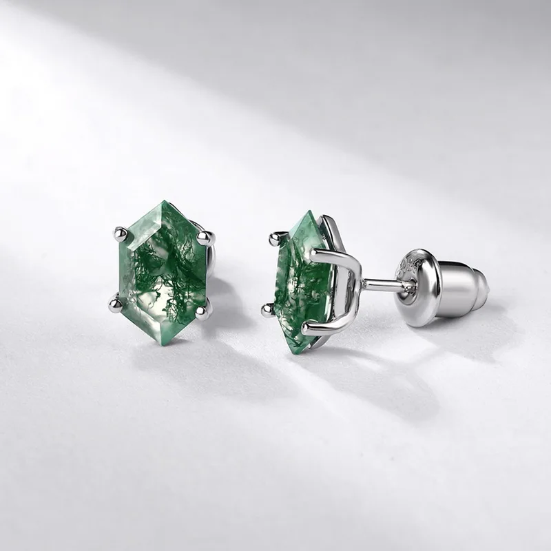 JewelyKing S925 Sterling Silver Green Moss Agate Hexagon Cut Natural Gemstone Minimalist Stud Earrings JKES0009