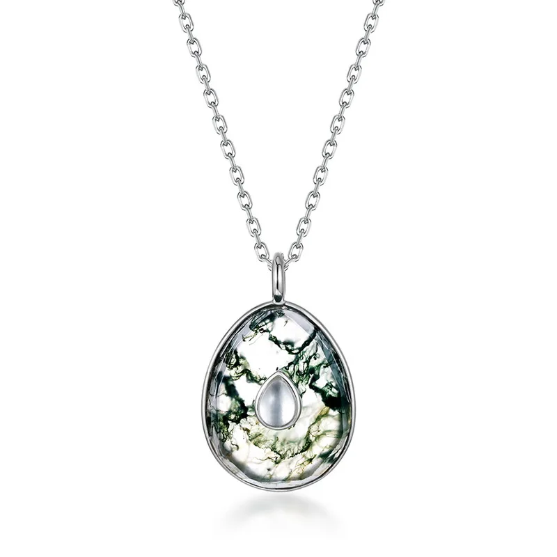 Jewelyking S925 Green Moss Agate Silver Gemstone 18K Silver Necklace JKNS0103