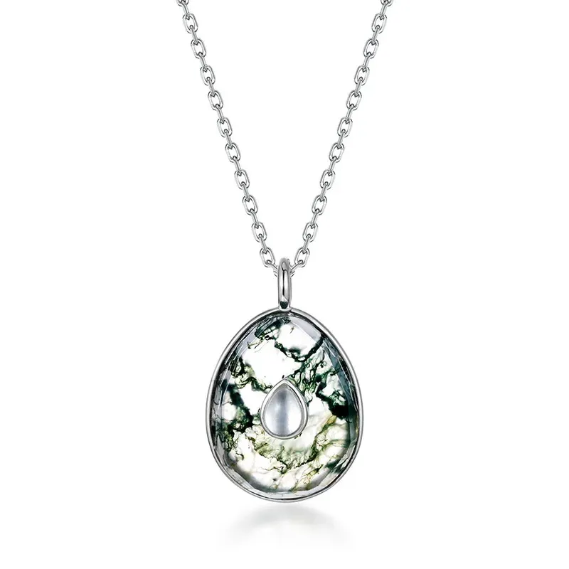 Jewelyking S925 Green Moss Agate Silver Gemstone 18K Silver Necklace JKNS0103