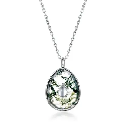 Jewelyking S925 Green Moss Agate Silver Gemstone 18K Silver Necklace JKNS0103