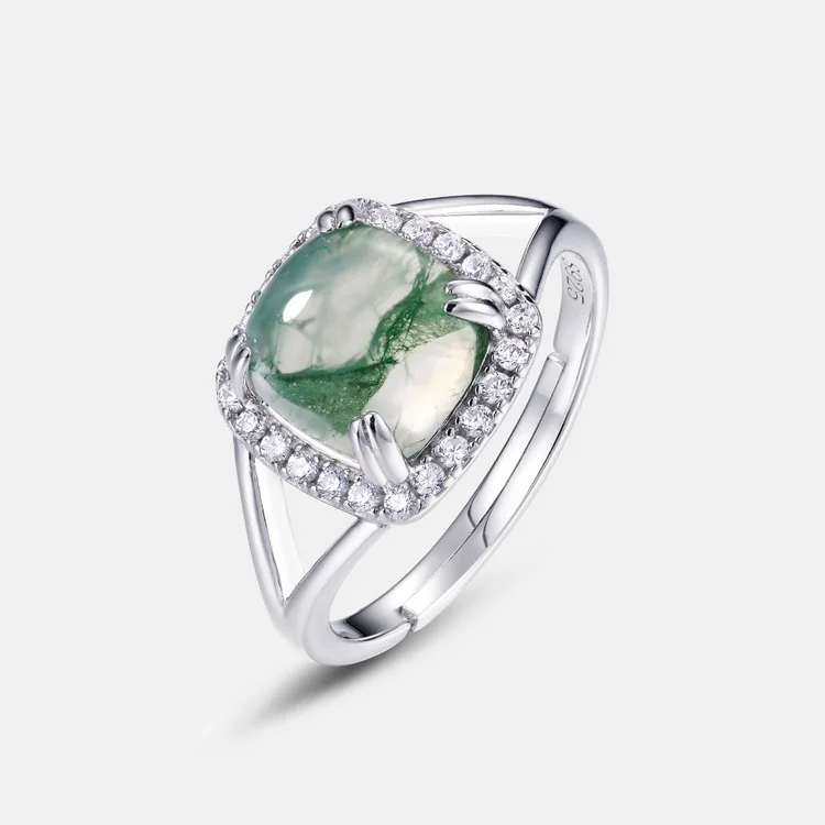 JewelyKing S925 Sterling Silver Classic Large Carat Natural Green Moss Agate Adjustable Ring JKRS0214
