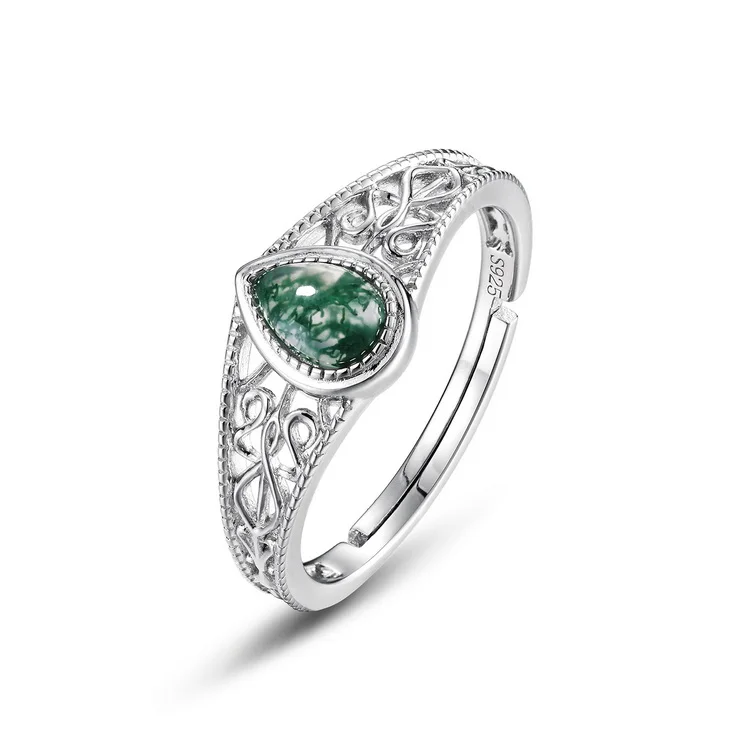 JewelyKing S925 Silver Moss Green Agate Crystal  Emerald Pear Shaped Inlaid Finger Cute Opening Adjustable Rings JKRS0221