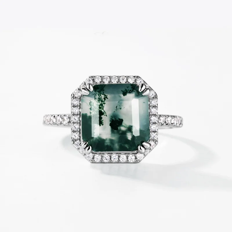 JewelyKing S925 Sterling Silver Asscher Cut Gemstone Moss Agate Engagement Ring JKRS0182