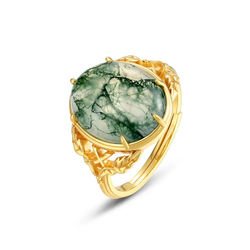 JewelyKing S925 Sterling Silver Natural Green Gemstone Diamond Moss Agate Ring JKRS0215