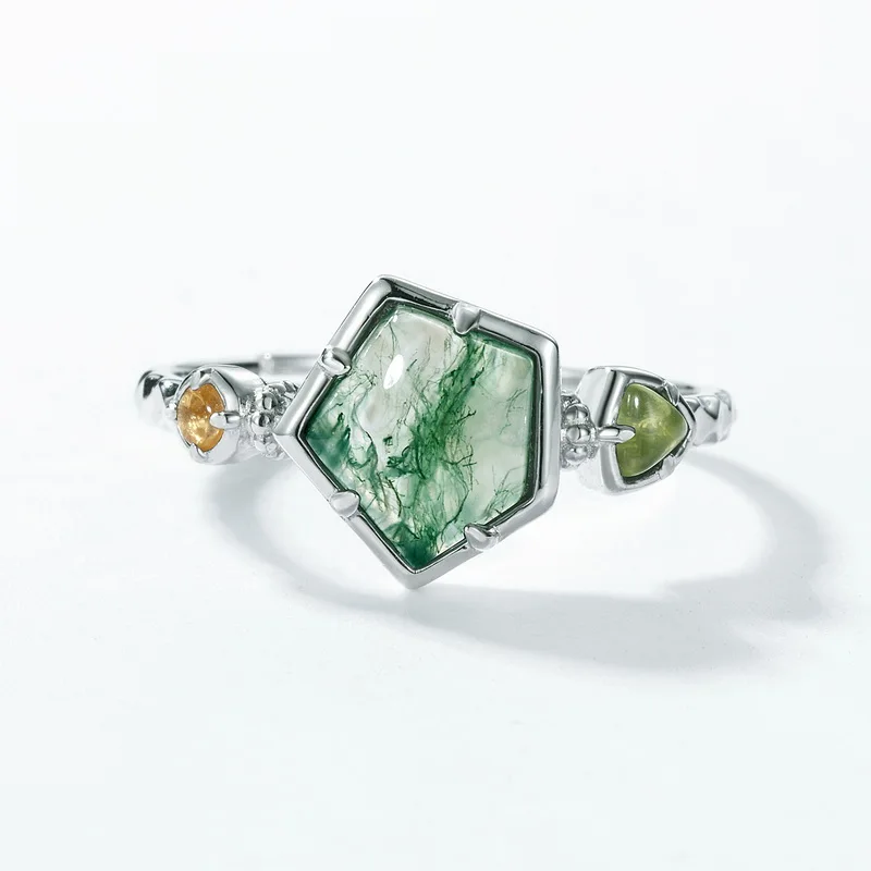 JewelyKing S925 Sterling Silver Irregular Baguette Cut Natural Gemstone Green Moss Agate Engagement Adjustable Ring JKRS0135