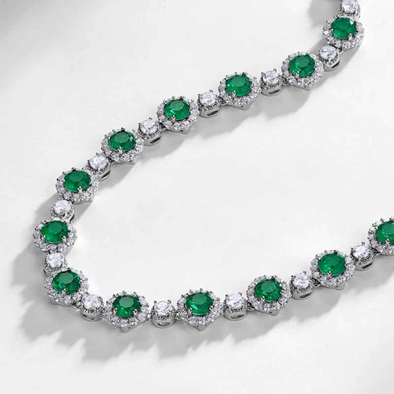 S925 Sterling Silver Green Glass Tennis Necklace for Women Halo Design Round Cut CZ Accent Statement Choker Necklace
