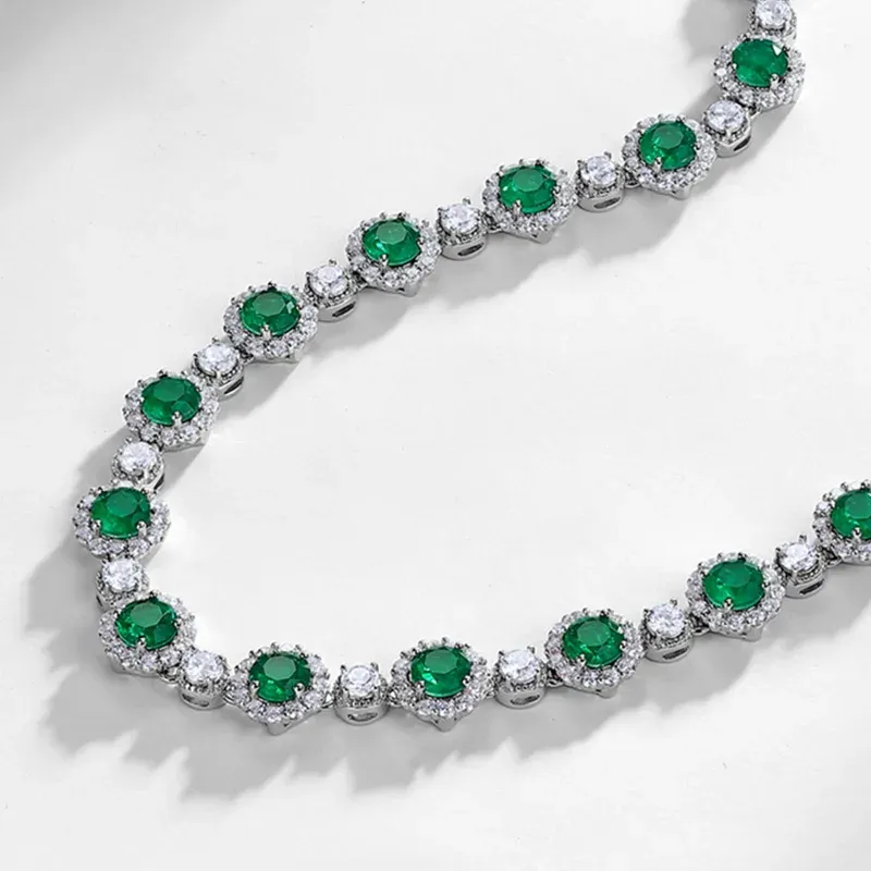 S925 Sterling Silver Green Glass Tennis Necklace for Women Halo Design Round Cut CZ Accent Statement Choker Necklace
