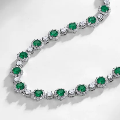 S925 Sterling Silver Green Glass Tennis Necklace for Women Halo Design Round Cut CZ Accent Statement Choker Necklace