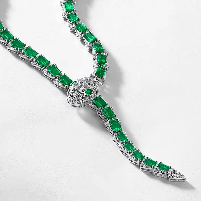Luxury 925 Sterling Silver White Plated Snake Lab Grown Emerald Necklace Elegant Fine Jewelry Anniversary Engagement Gift Set