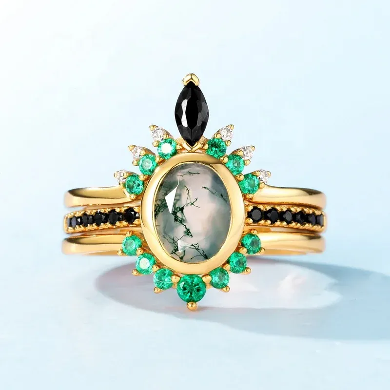 JewelyKing S925 Silver Gold Oval Moss Agate CZ Diamond Gemstone Gold Vermeil Rings JKRS0232