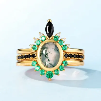 JewelyKing S925 Silver Gold Oval Moss Agate CZ Diamond Gemstone Gold Vermeil Rings JKRS0232