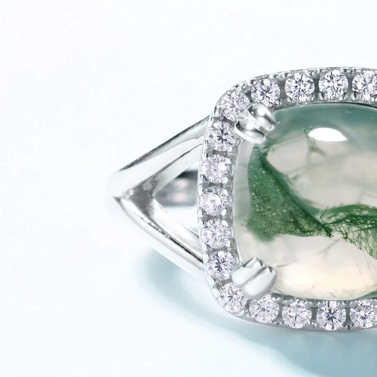 JewelyKing S925 Sterling Silver Classic Large Carat Natural Green Moss Agate Adjustable Ring JKRS0214