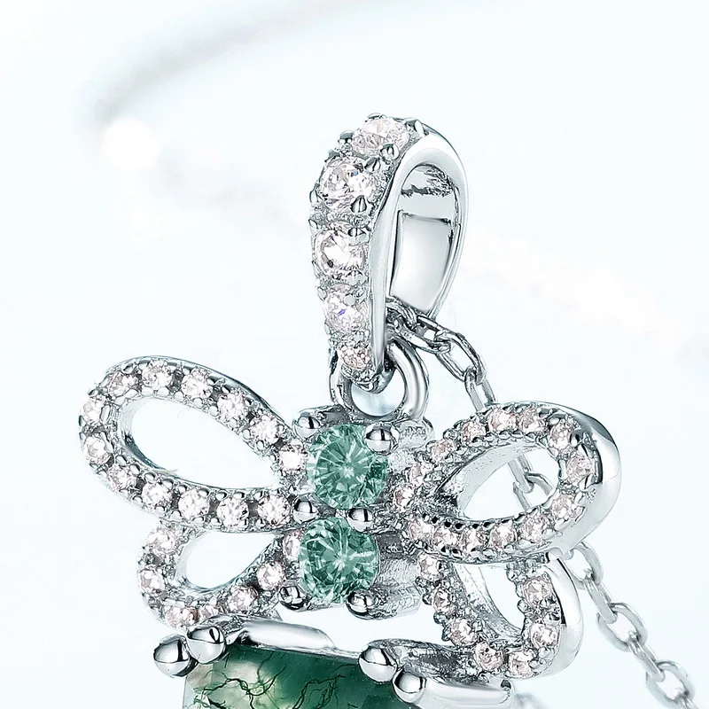 Jewelyking Rectangle Green Gemstone Pendant Dainty Zircon Bow Knot and Natural Moss Agate Pendant Necklace JKNS0086
