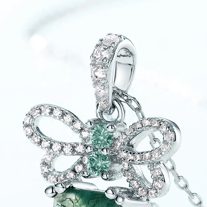Jewelyking Rectangle Green Gemstone Pendant Dainty Zircon Bow Knot and Natural Moss Agate Pendant Necklace JKNS0086
