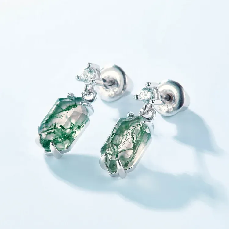 Jewelyking Trendy Simple Natural Stone Boho Hexagon Earrings Gem Stone Moss Agate Crystal Pendant Drop Stud Earrings JKES0068