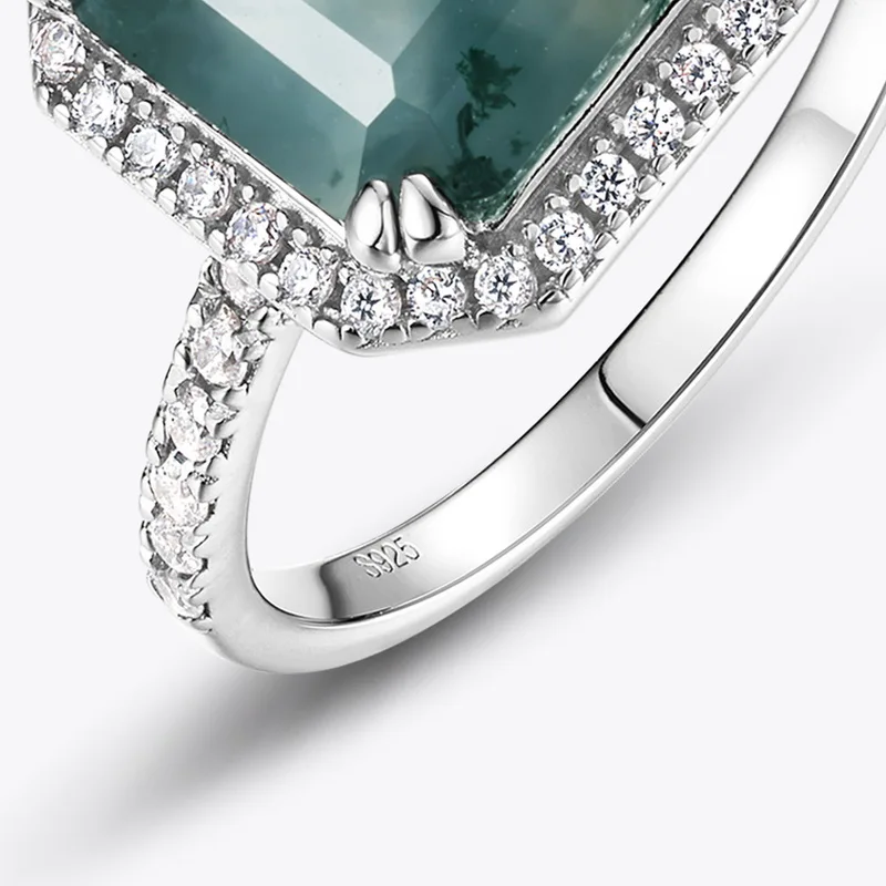 JewelyKing S925 Sterling Silver Asscher Cut Gemstone Moss Agate Engagement Ring JKRS0182